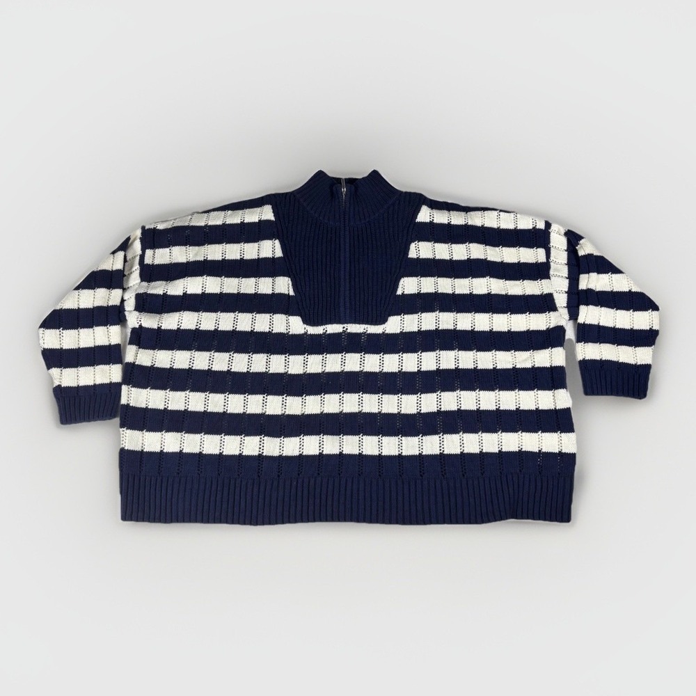 A New Day Striped Quarter Zip Sweater Womens 4X Navy Cream Chunky‎ Knit Nautical
